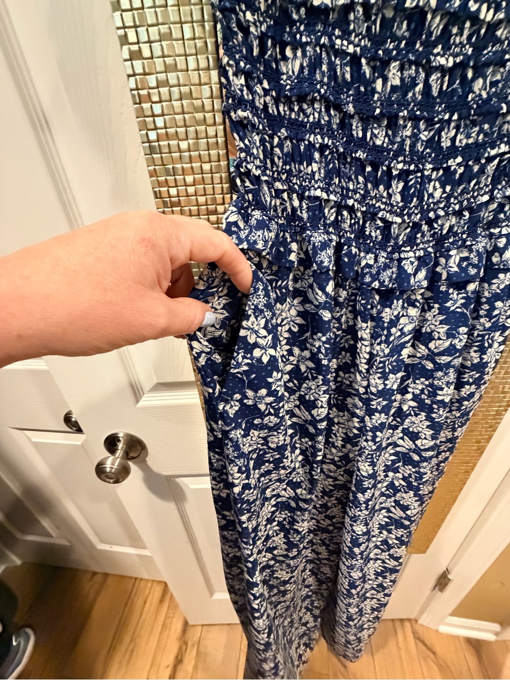 Max Studio Navy and White Floral Smocked-Waist Jumpsuit - Picture 6 of 7